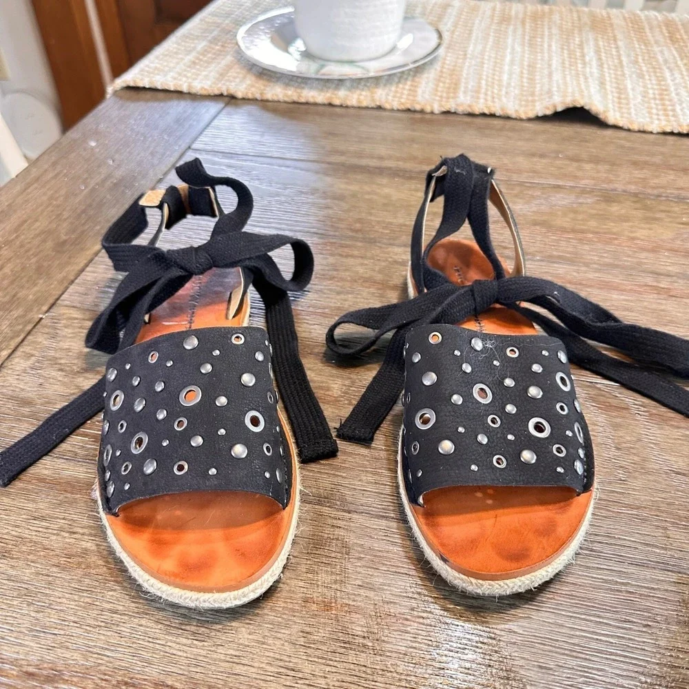 Lucky Brand Daytah 2‎ Black Leather Studded Ankle Tie Espadrille Sandals 6M